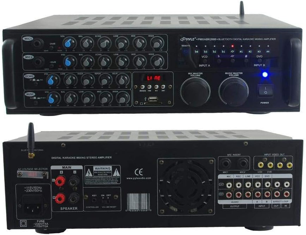 Dual Channel Bluetooth Mixing Amplifier - 2000W Rack Mount Karaoke Sound Mixer Audio Home Stereo Receiver Box System W/ RCA, USB, AUX - for Speaker, PA, Home Theater, Studio/Stage -  PMXAKB2000